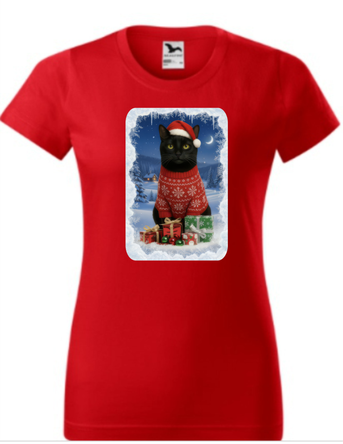 Vánoční tričko s černým kocourem dámské